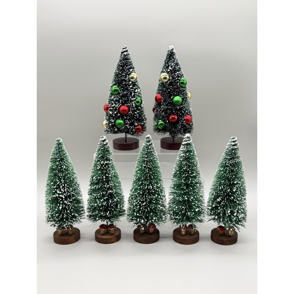 VTG Style Flocked Bottle Brush Christmas Tree 8” Mushroom Ornament Wood Base Lot